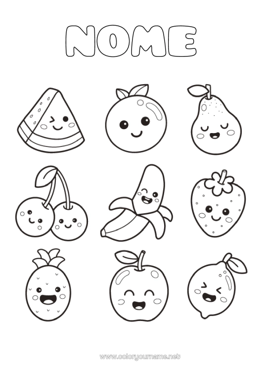 Página de desenho para imprimir Kawaii Cereja Abacaxi Frutas Desenhos para colorir fáceis Morango Melancia Banana Pêra Limão Maçã