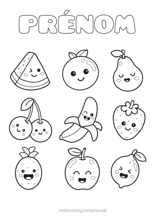 Coloriage à imprimer Kawaii Cerise Ananas Fruits Coloriages faciles Fraise Pastèque Banane Poire Citron Pomme