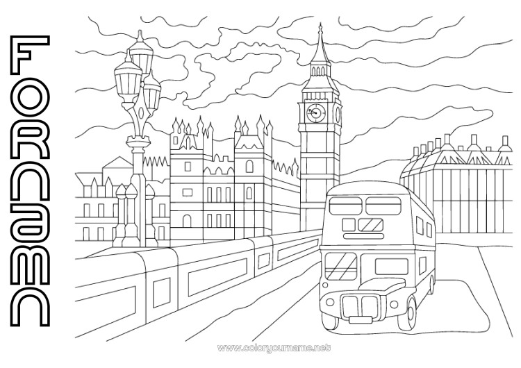 Färgläggningssida att skriva ut London Storbritannien Buss, bil Kollektivtrafik på land