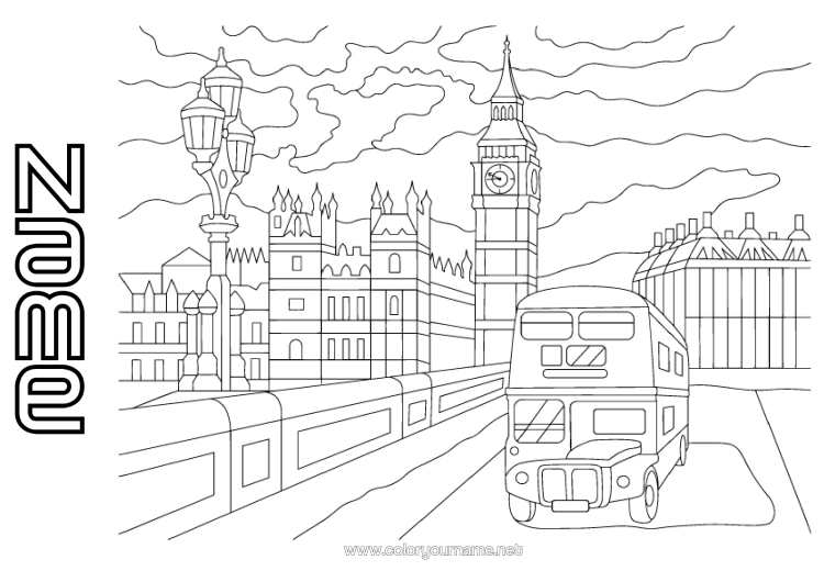 Colouring page to print London United Kingdom Bus, Car Land Public Transport Monument Tower Bridge London Bus