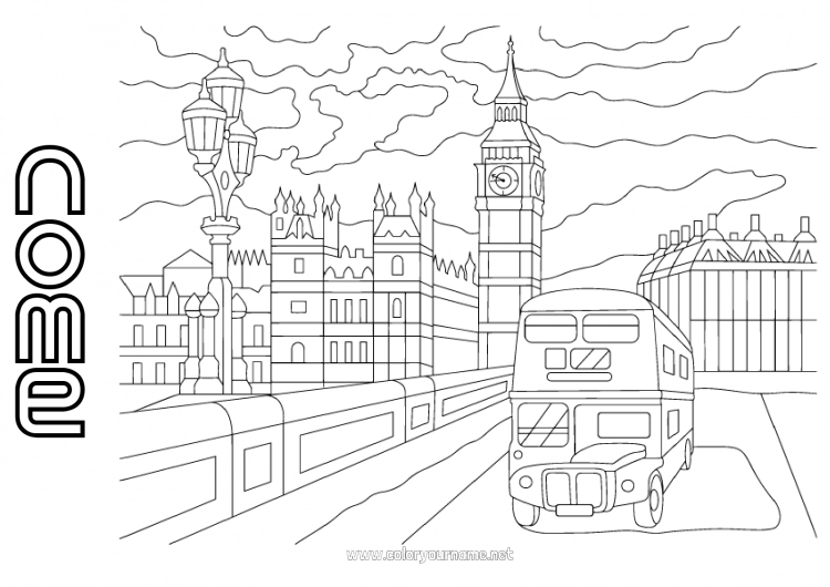 Página de desenho para imprimir Londres Reino Unido Ônibus, carro Transporte público terrestre