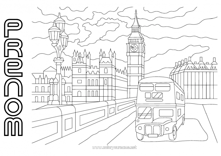 Coloriage à imprimer Londres Royaume-Uni Bus, car Transport en commun terrestres