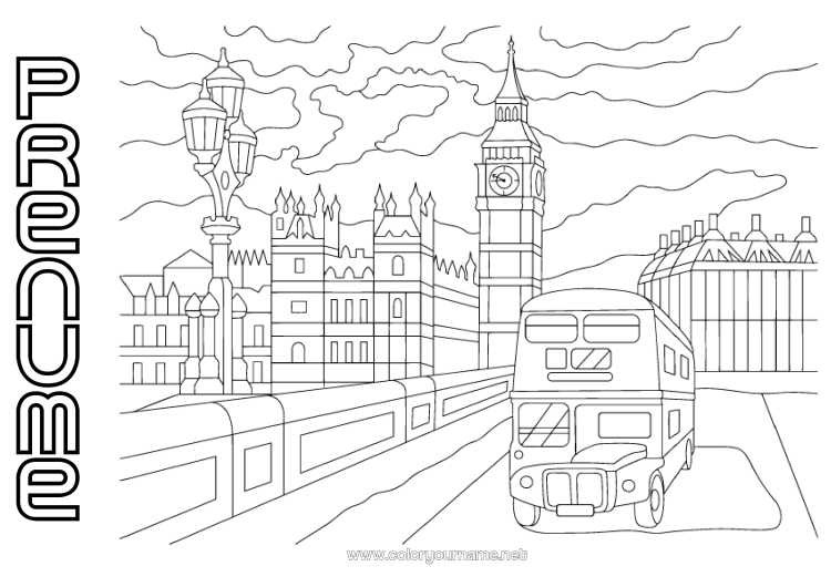 Pagină de colorat de imprimat Londra Regatul Unit Autobuz, microbuz Transport public terestru