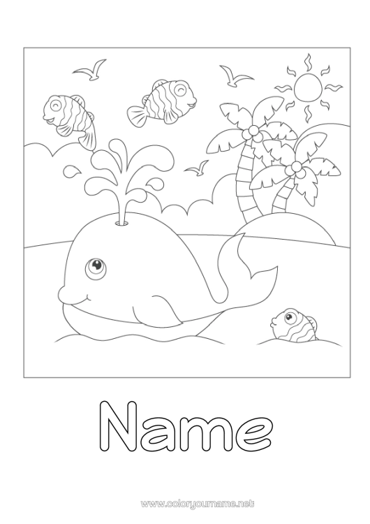 Colouring page to print Cute Whale Animal Fish Palm Tree Marine Or Aquatic Animals