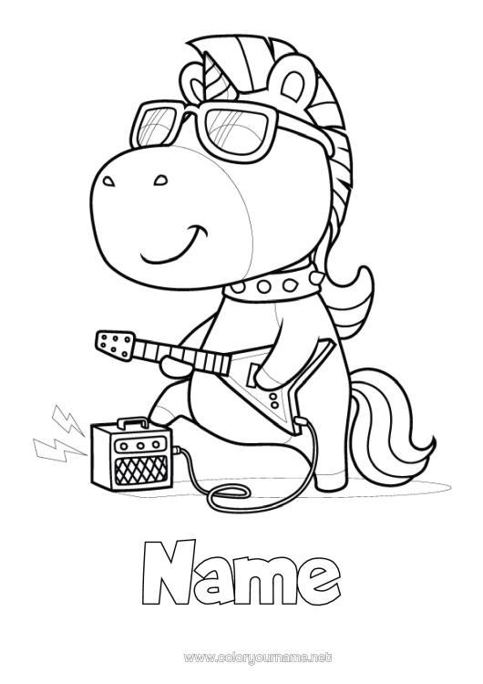 Colouring page to print Unicorn Animal Music Dragons, Unicorns, And Fantastical Creatures Music Day Guitar Musical Instruments