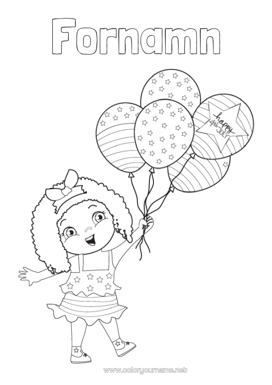 Färgläggningssida att skriva ut Ballonger Flicka USA Flagga 4 juli
