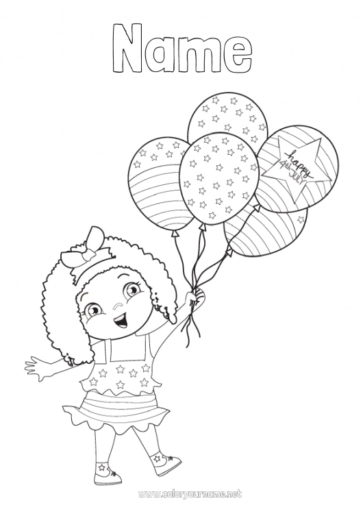 Coloring page to print Balloons Girl USA Flag 4th July