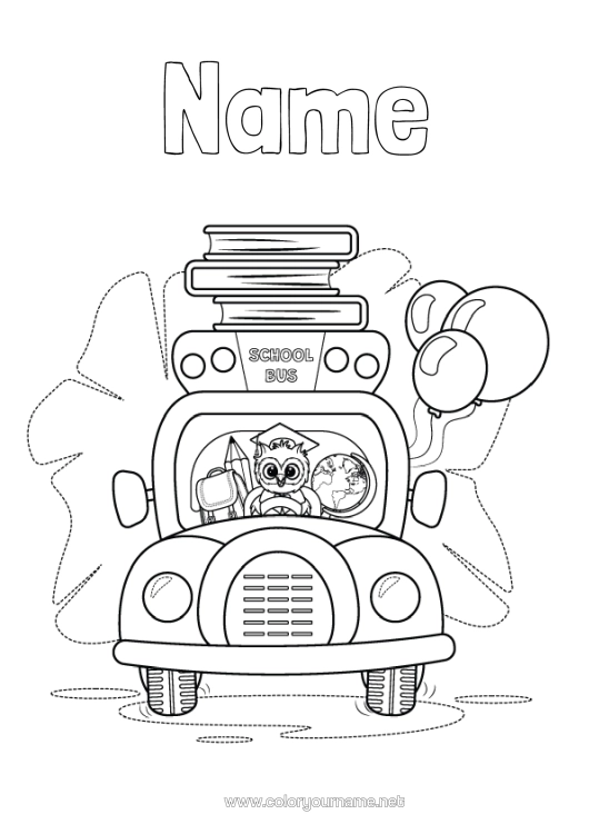 Colouring page to print Owl, Tawny Owl Vehicles Bus, Car School Book Birds And Flying Mammals Reading Pencil Land Public Transport School Bag Globe Back To School Stationery Supplies