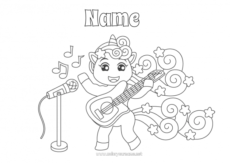 Coloring page to print Unicorn Music Dragons, unicorns and fantastic animals World Music Day Guitar Musical instruments