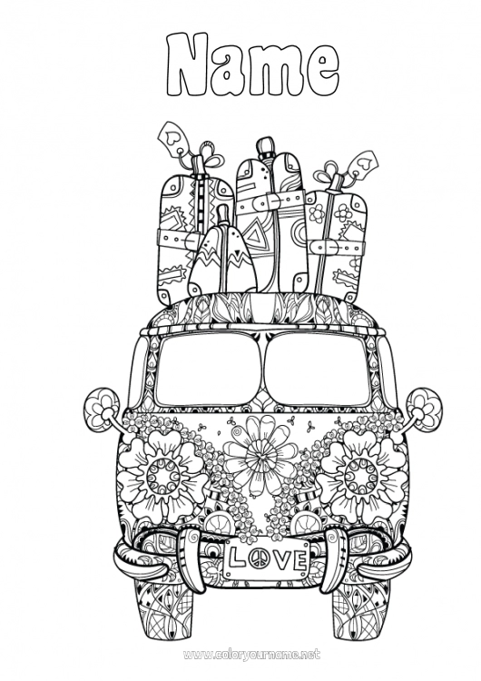 Coloring page to print Mandala Van Historical or vintage vehicles Cars, vans, and motorhomes Suitcases and luggage