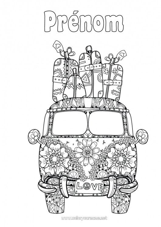 Coloriage à imprimer Mandala Van Véhicules historiques ou vintages Voitures, vans et camping-cars Valises et bagages