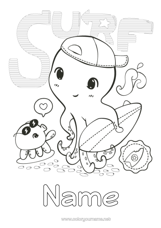 Colouring page to print Sport Animal Surfing Marine Or Aquatic Animals Water Sports Octopus