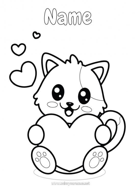 Coloring page to print Heart Cat Kawaii Animal Easy coloring pages Dog and cat