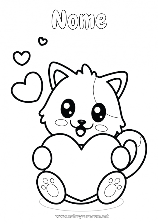 Pagina da colorare da stampare Cuore Gatto Kawaii Animale Disegni da colorare facili CanI e gatti