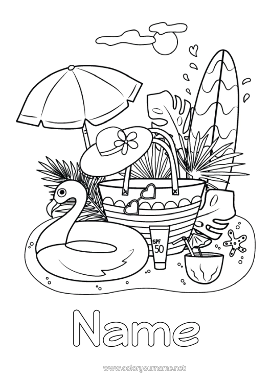 Colouring page to print Summer Beach Hat Symbols Surfing Hibiscus Parasol Buoy Cocktail Water Sports