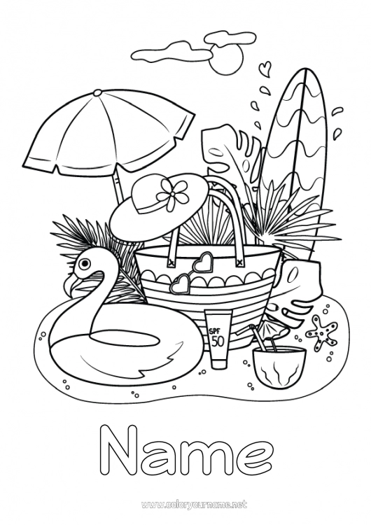 Coloring page to print Summer Beach Hat Symbols Surf Hibiscus Parasol, Beach umbrella Buoy Cocktail Nautical sports