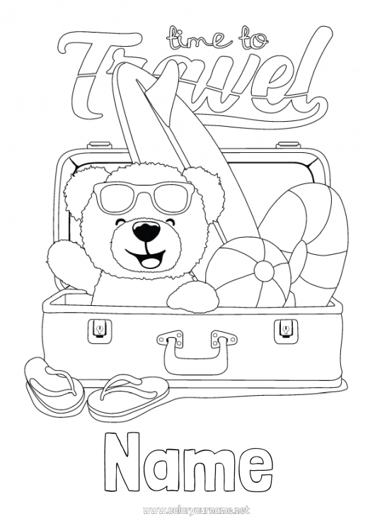 Coloring page to print Teddy Bear Flip flops Surf Forest animals Buoy Beach ball Games and toys Suitcases and luggage Nautical sports