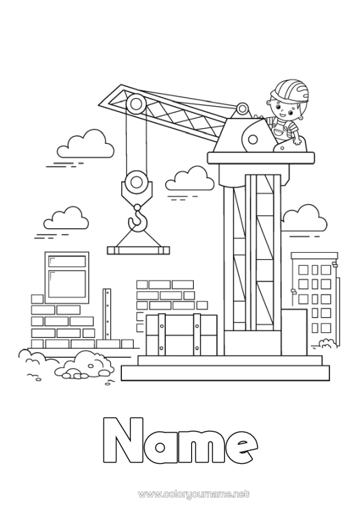 Colouring page to print Vehicles Construction Equipment Profession Cityscape Lorry-Mounted Crane Construction Trades Site, Construction Crane