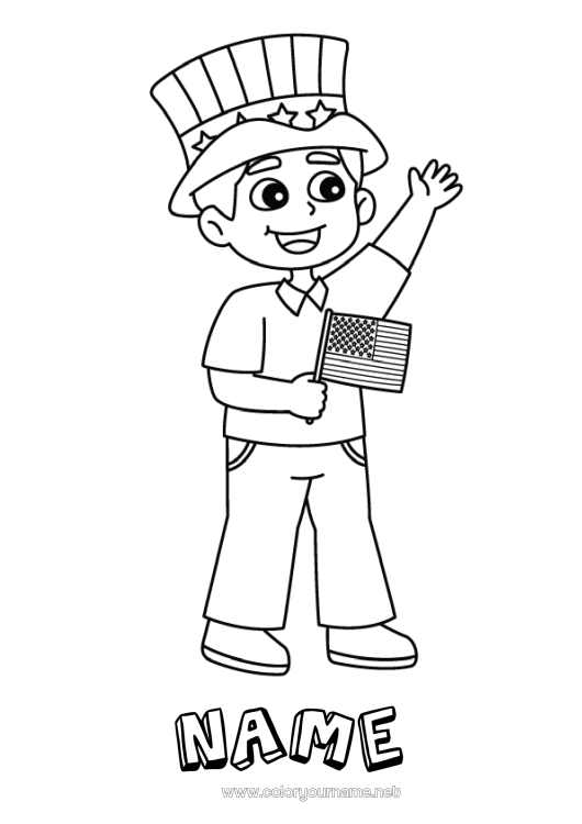 Coloring page to print Boy USA Hat Flag 4th July