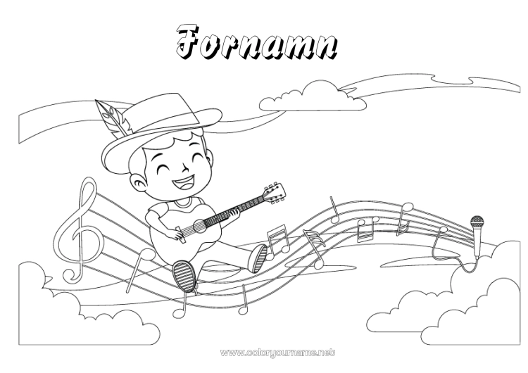 Färgläggningssida att skriva ut Pojke Musik Mellannivå färgläggningar Musikens dag Gitarr Musikinstrumenter Musiker Konstnärliga yrken