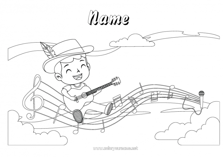 Coloring page to print Boy Music Intermediate coloring pages World Music Day Guitar Musical instruments Musician Artistic Professions