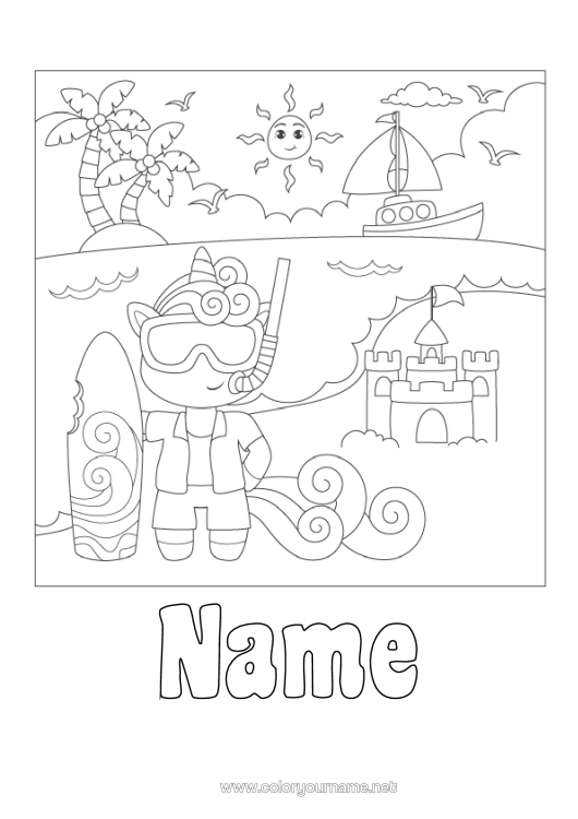 Colouring page to print Sport Unicorn Beach Animal Surfing Dragons, Unicorns, And Fantastical Creatures Sandcastle Diving Water Sports