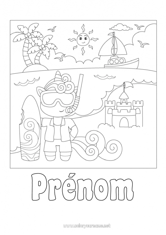 Coloriage à imprimer Licorne Plage Animal Surf Dragons, licornes et animaux fantastiques Château de sable Plongée Sports nautiques