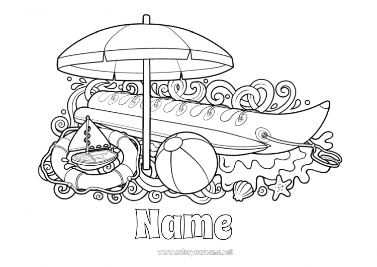 Coloring page to print Sea Complex coloring pages Parasol, Beach umbrella Buoy Beach ball Games and toys Nautical sports