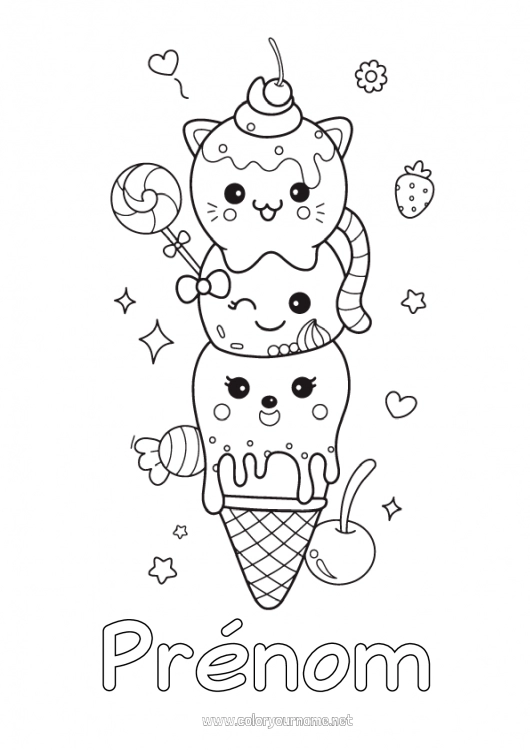 Coloriage à imprimer Bonbons Mignon Kawaii Nourriture Cerise Fruits Gourmandises, sucreries Glace Fraise Sucette