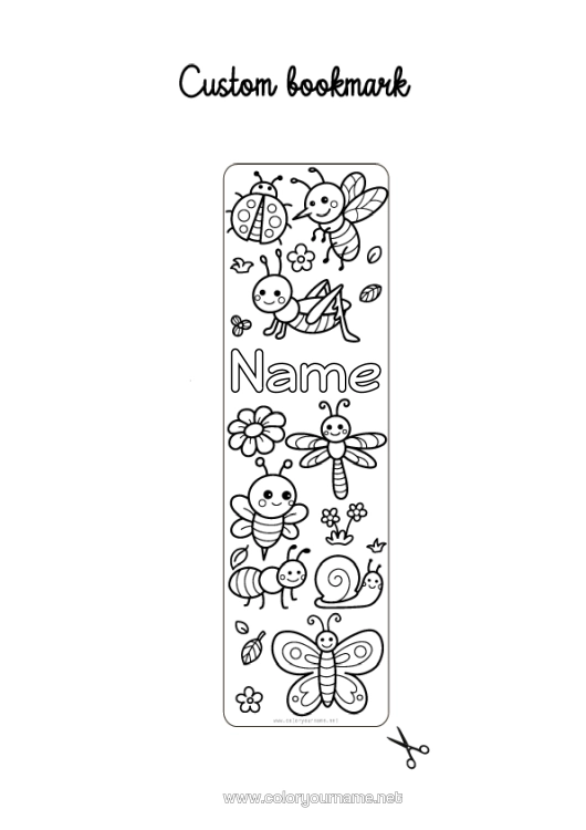 Colouring page to print Cute Summer Spring Butterfly Animal Bee Snail Bookmark Ladybird Easy Colouring Pages Ant Insects Dragonfly