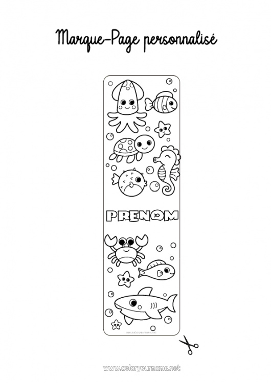 Coloriage à imprimer Mignon Kawaii Tortue Mer Activités enfants Animal Poisson Hippocampe Crabe Marque page Coloriages faciles Requin Animaux marins ou aquatique Reptiles Pieuvre, poulpe