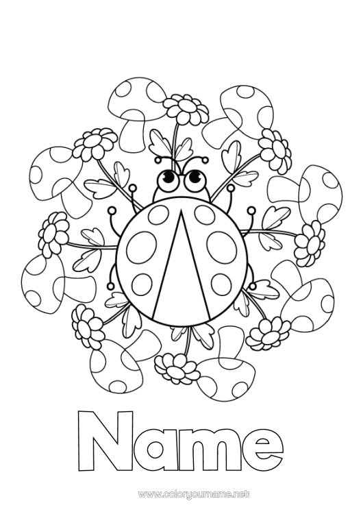Colouring page to print Flowers Mandala Animal Mushroom Ladybird Intermediate Colouring Sheets Insects