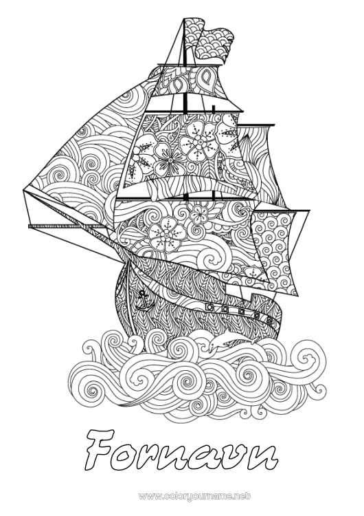 Farvelægningssiden til udskrivning Mandala Hav Køretøjer Båd Sejlbåd Komplekse farvelægninger Zentangle Søfartøjer