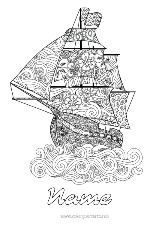 Colouring page to print Mandala Sea Vehicles Boat Sailboat Complex Colouring Pages Zentangle Marine Vehicles