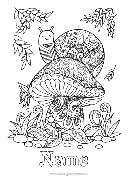 Colouring page to print Mandala Animal Mushroom Snail