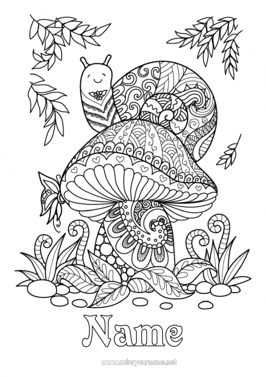 Coloring page to print Mandala Mushroom Snail