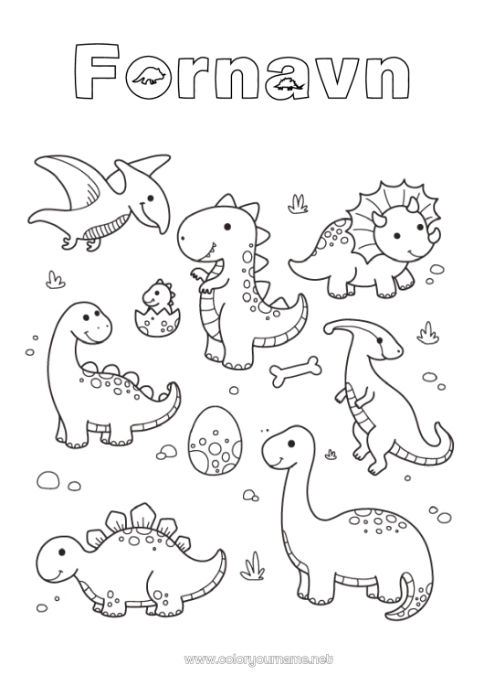 Farvelægningssiden til udskrivning Kawaii Dinosaurer Dyr Diplodocus Tyrannosaurus Triceratops