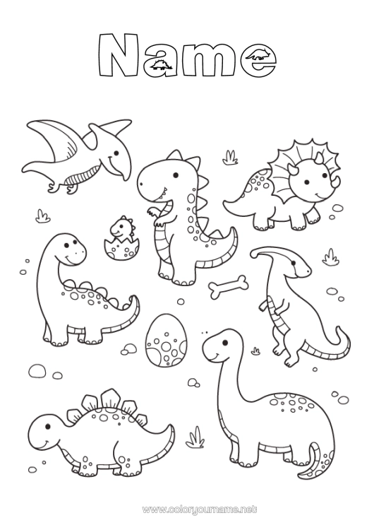 Colouring page to print Cute Dinosaurs Animal Diplodocus Tyrannosaurus Triceratops