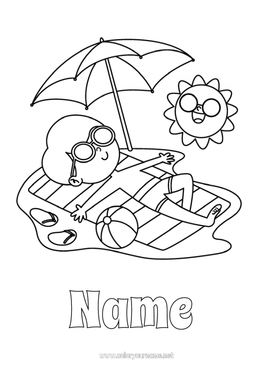 Coloring page to print Beach Child Flip flops Parasol, Beach umbrella Beach ball Games and toys