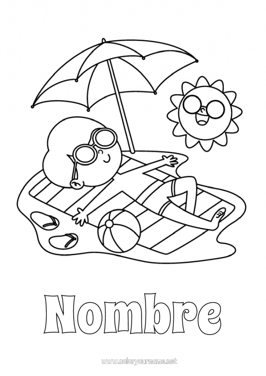 Dibujo para colorear para imprimir Playa Niño Chanclas Parasol, sombrilla de playa Balón de playa Juegos y juguetes