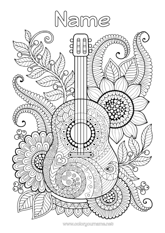 Colouring page to print Flowers Mandala Music Complex Colouring Pages Anti-Stress Music Day Guitar Musical Instruments