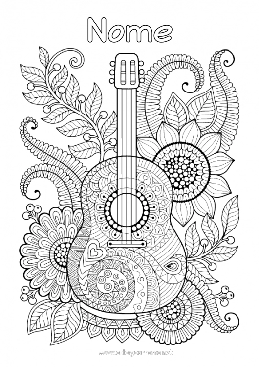 Página de desenho para imprimir Flores Mandala Música Colorações Complexas Anti-stress Festa da Música Guitarra Instrumentos musicais