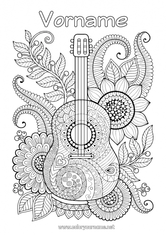 Malvorlage zum Ausdrucken Blumen Mandala Musik Komplexe Ausmalbilder Anti-Stress Musikfest Gitarre Musikinstrumente