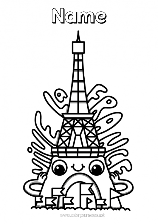 Coloring page to print Kawaii France 14 July Eiffel Tower Monument