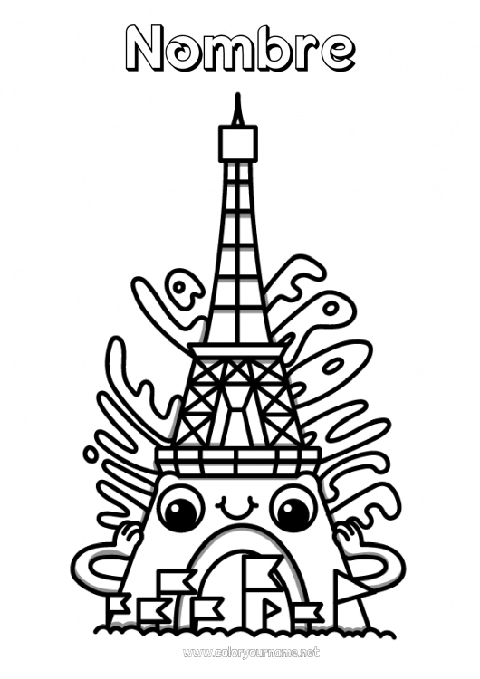 Dibujo para colorear para imprimir Kawaii Francia 14 de julio Torre Eiffel Monument