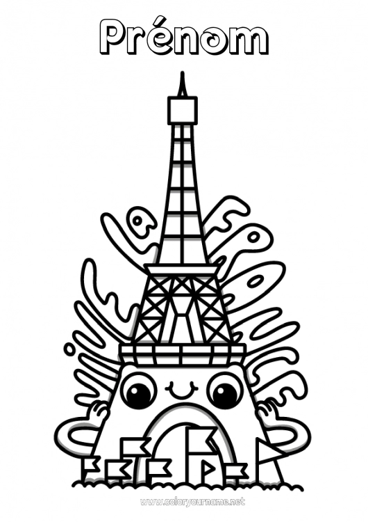 Coloriage à imprimer Kawaii France 14 juillet Tour Eiffel Monument