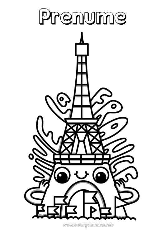 Pagină de colorat de imprimat Drăguț Franța 14 iulie Turnul Eiffel Monument