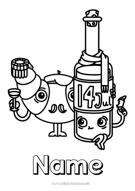 Coloring page to print Food France Symbols Bottle 14 July Croissant Wine