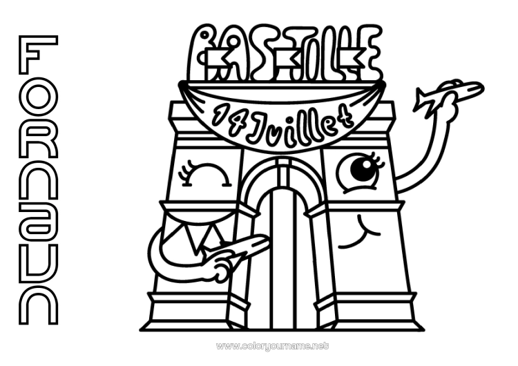 Farvelægningssiden til udskrivning Frankrig 14. juli Triumfbuen Nationaldag