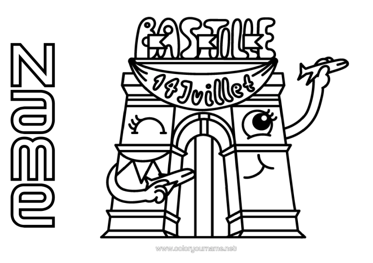 Colouring page to print France 14Th July Arc De Triomphe National Holiday